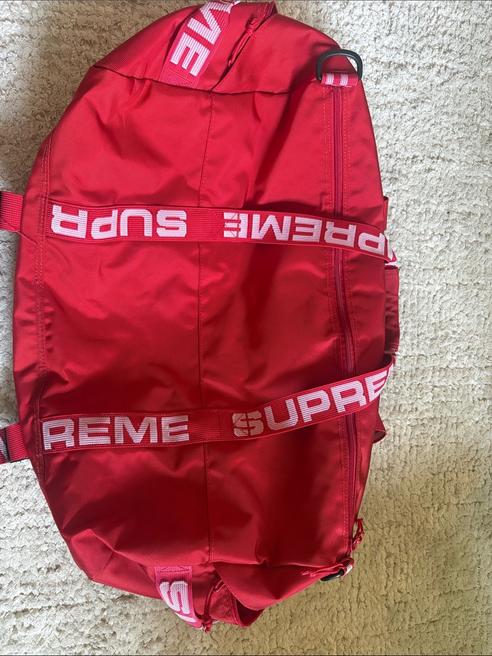 Supreme Red Duffel with White Logo Straps